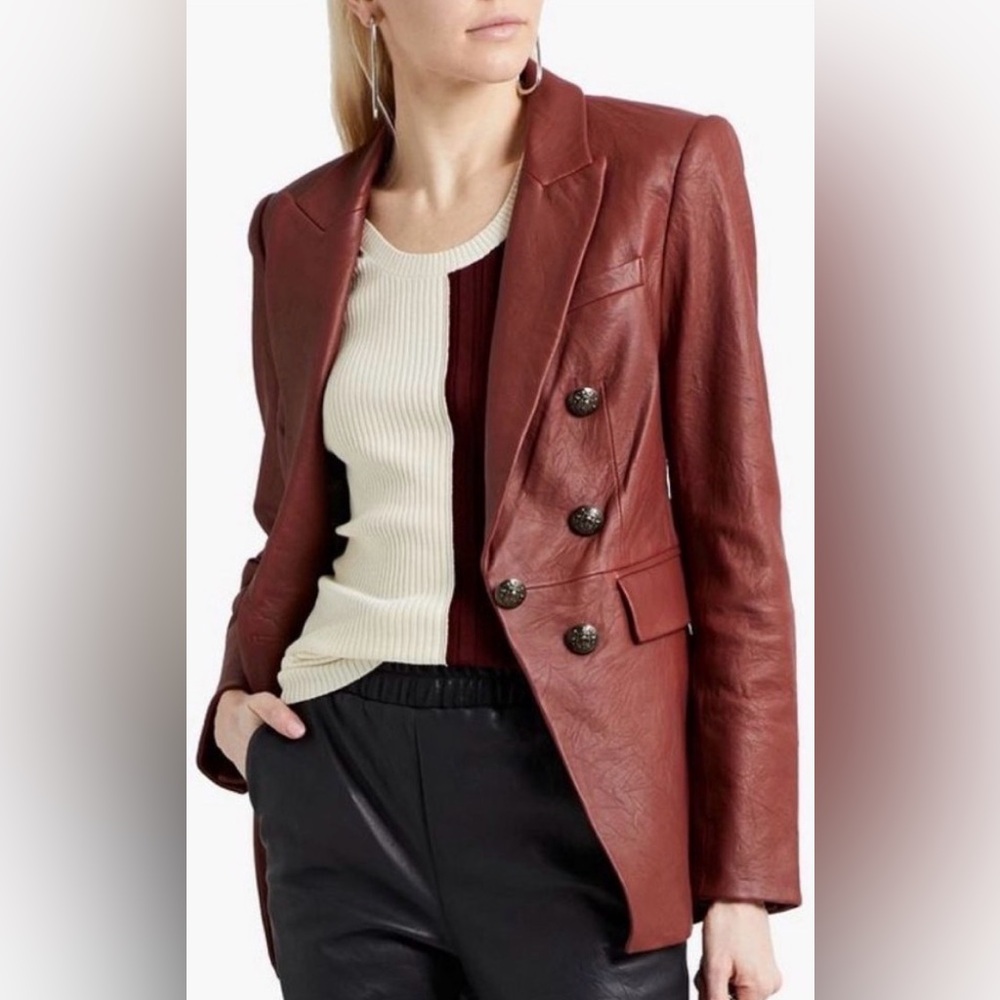 Veronica Beard 100% Lambskin Leather Gaya Dickey Jacket Blazer Rust Brown